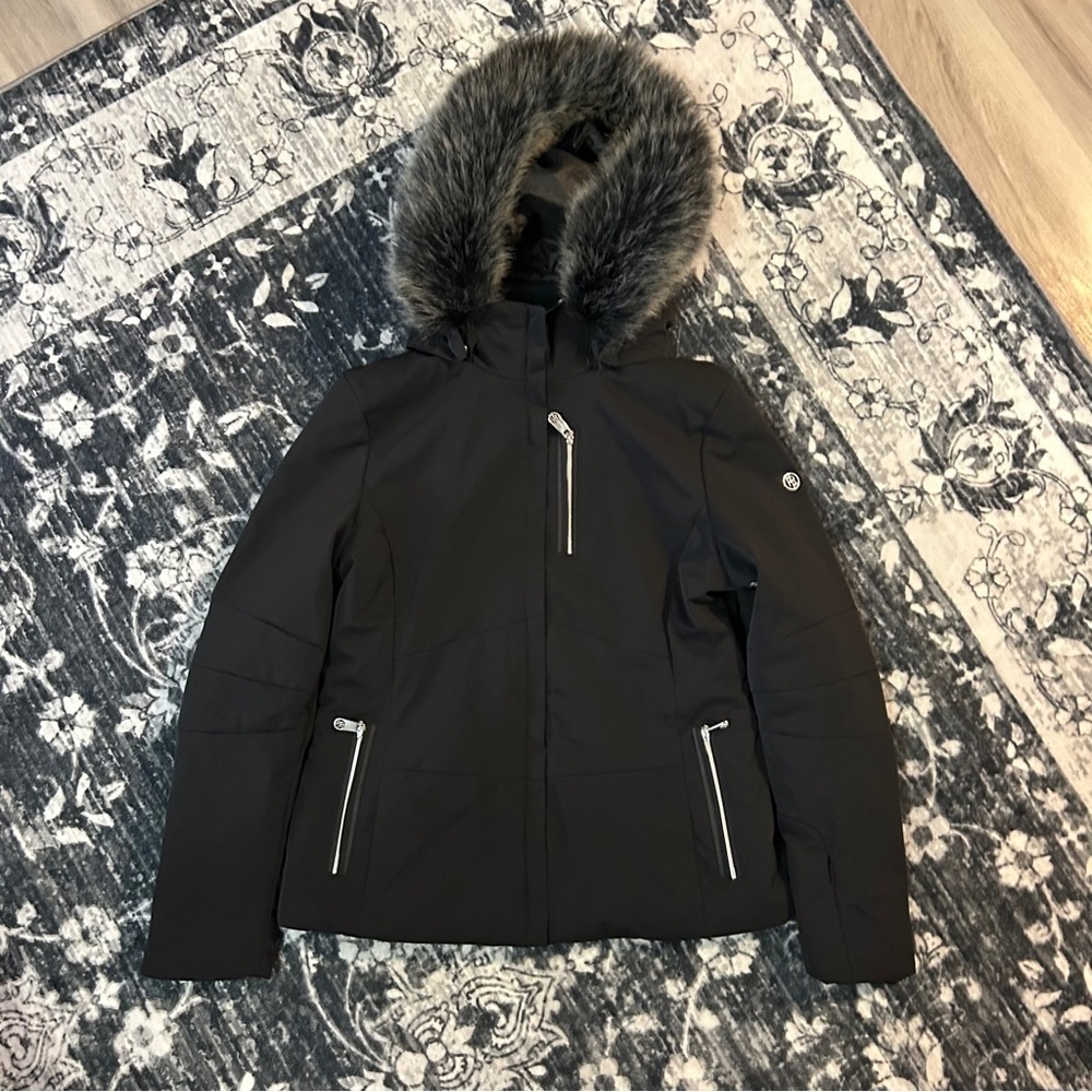Women's Poivre Blanc Black Puffer Jacket with Faux Fur Hood